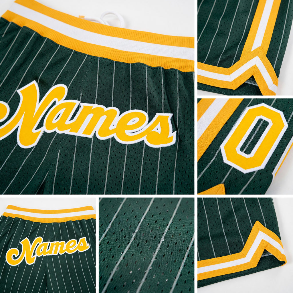 Custom Hunter Green White Pinstripe Gold-White Authentic Basketball Shorts detail