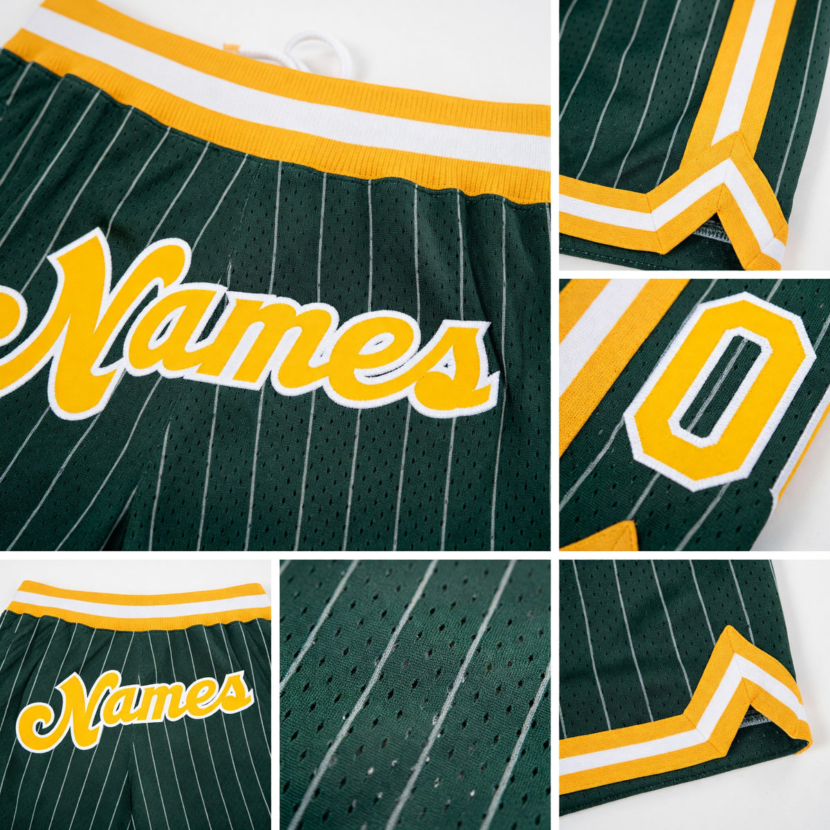 Custom Hunter Green White Pinstripe Gold-White Authentic Basketball Shorts detail