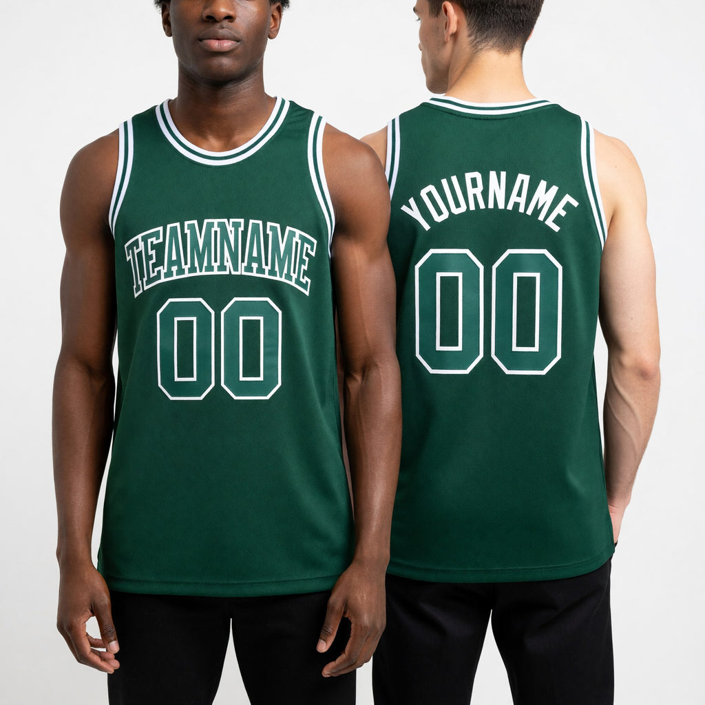 Custom Hunter Green Kelly Green-White Authentic Throwback Basketball Jersey worn front and back