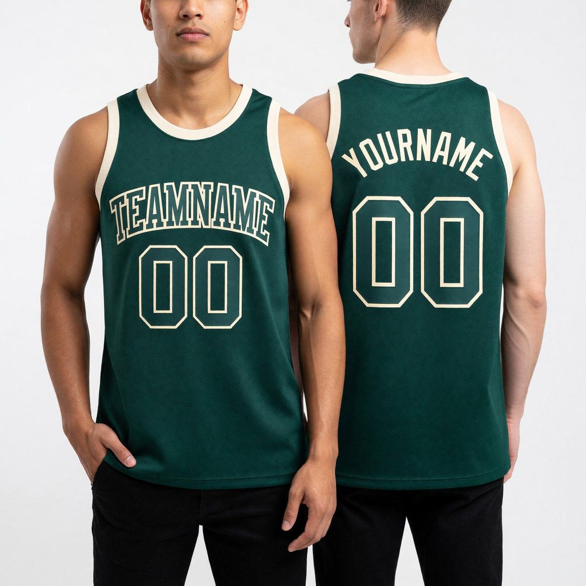 Custom Hunter Green Green-Cream Authentic Throwback Basketball Jersey worn front and back