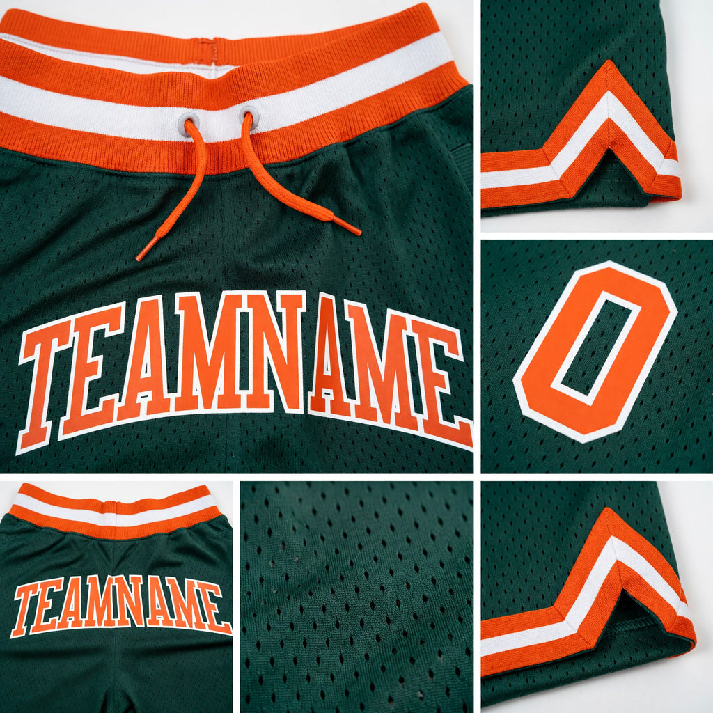 Custom Hunter Green Orange-White Authentic Throwback Basketball Shorts detail