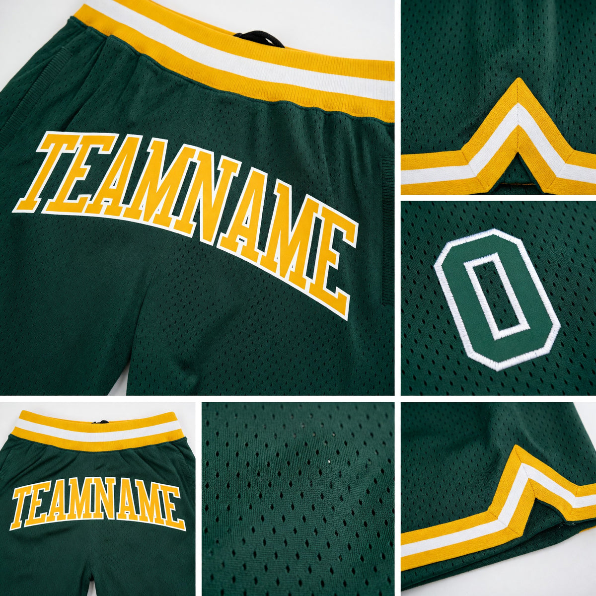 Custom Hunter Green Gold-White Authentic Throwback Basketball Shorts detail