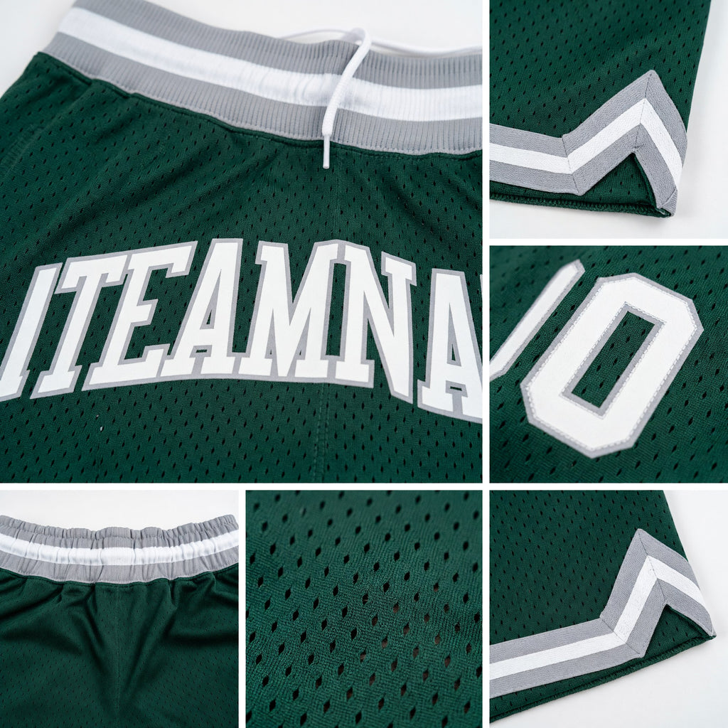 Custom Hunter Green White-Gray Authentic Throwback Basketball Shorts detail