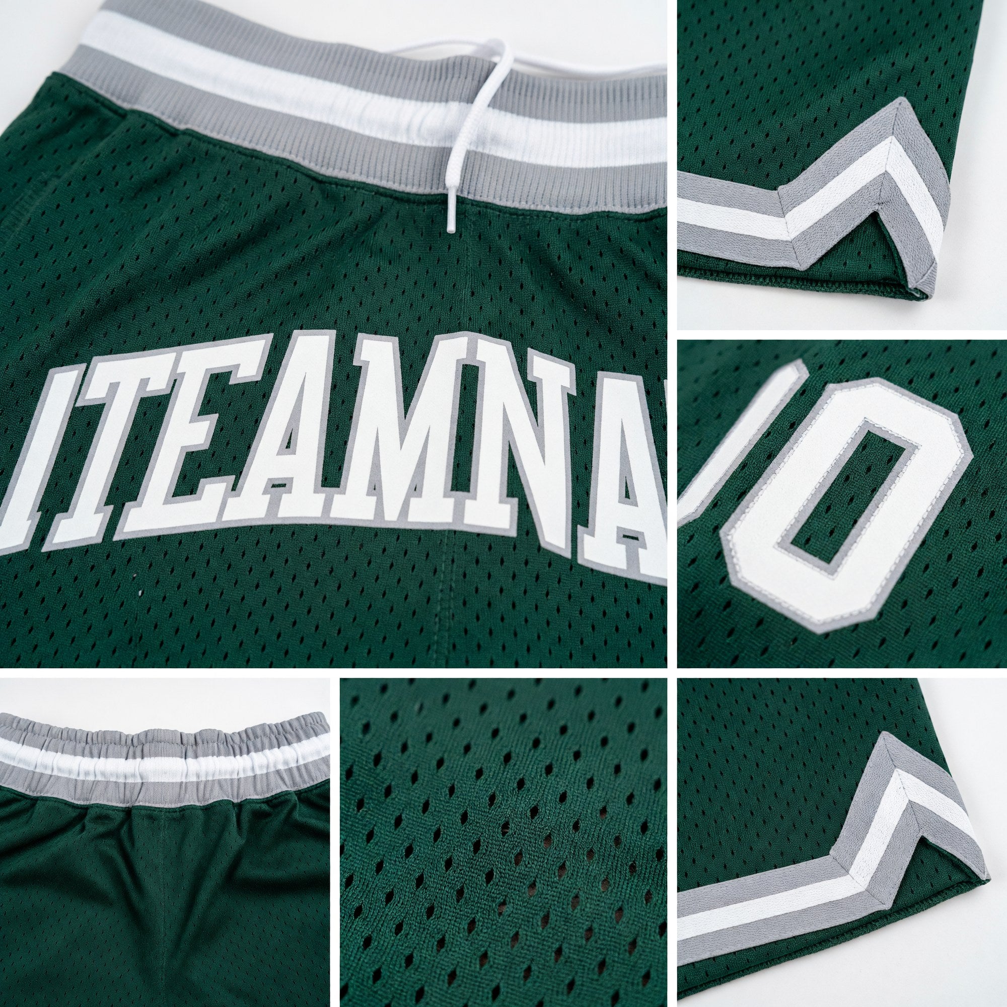 Custom Hunter Green White-Gray Authentic Throwback Basketball Shorts detail