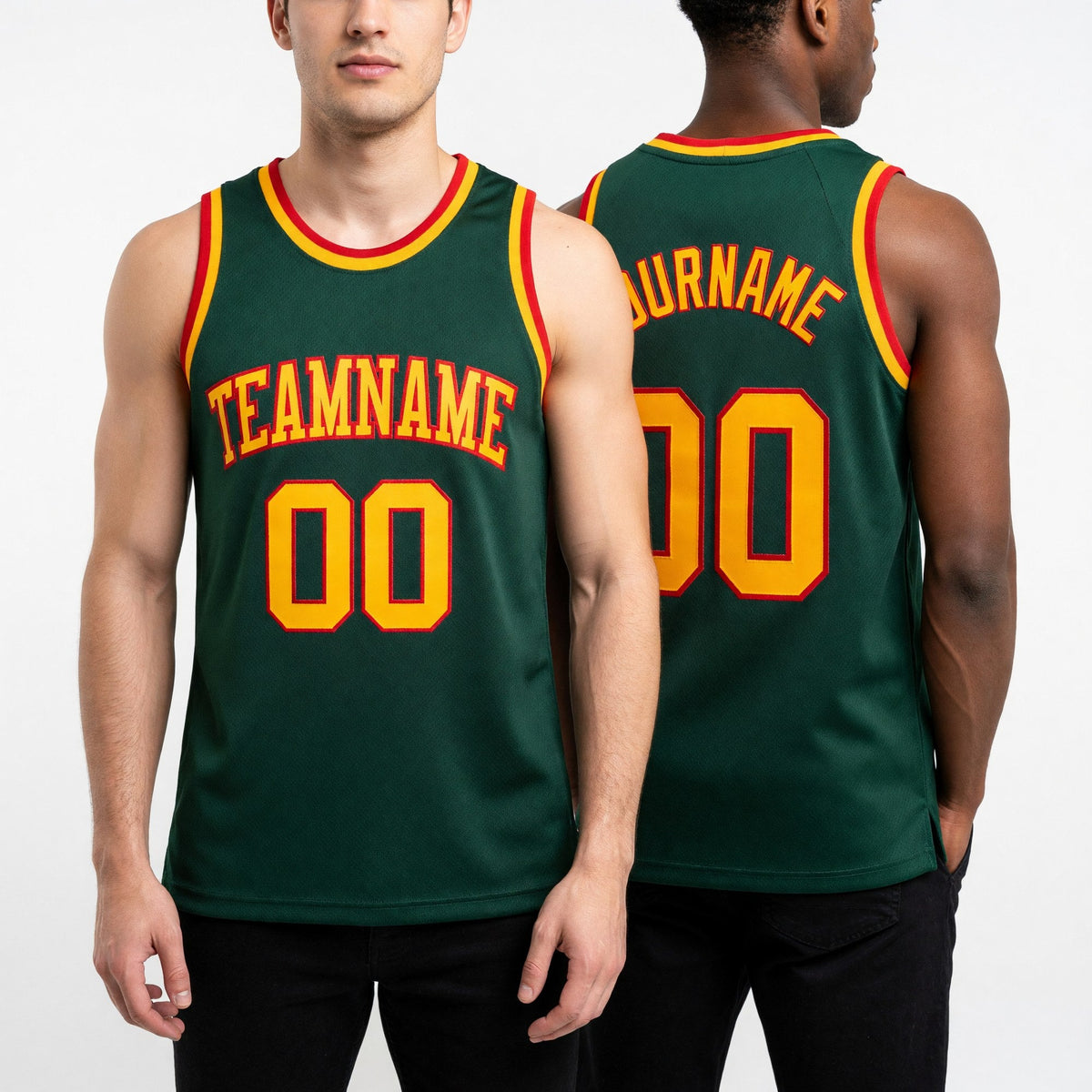 Custom Hunter Green Gold-Red Authentic Throwback Basketball Jersey worn front and back