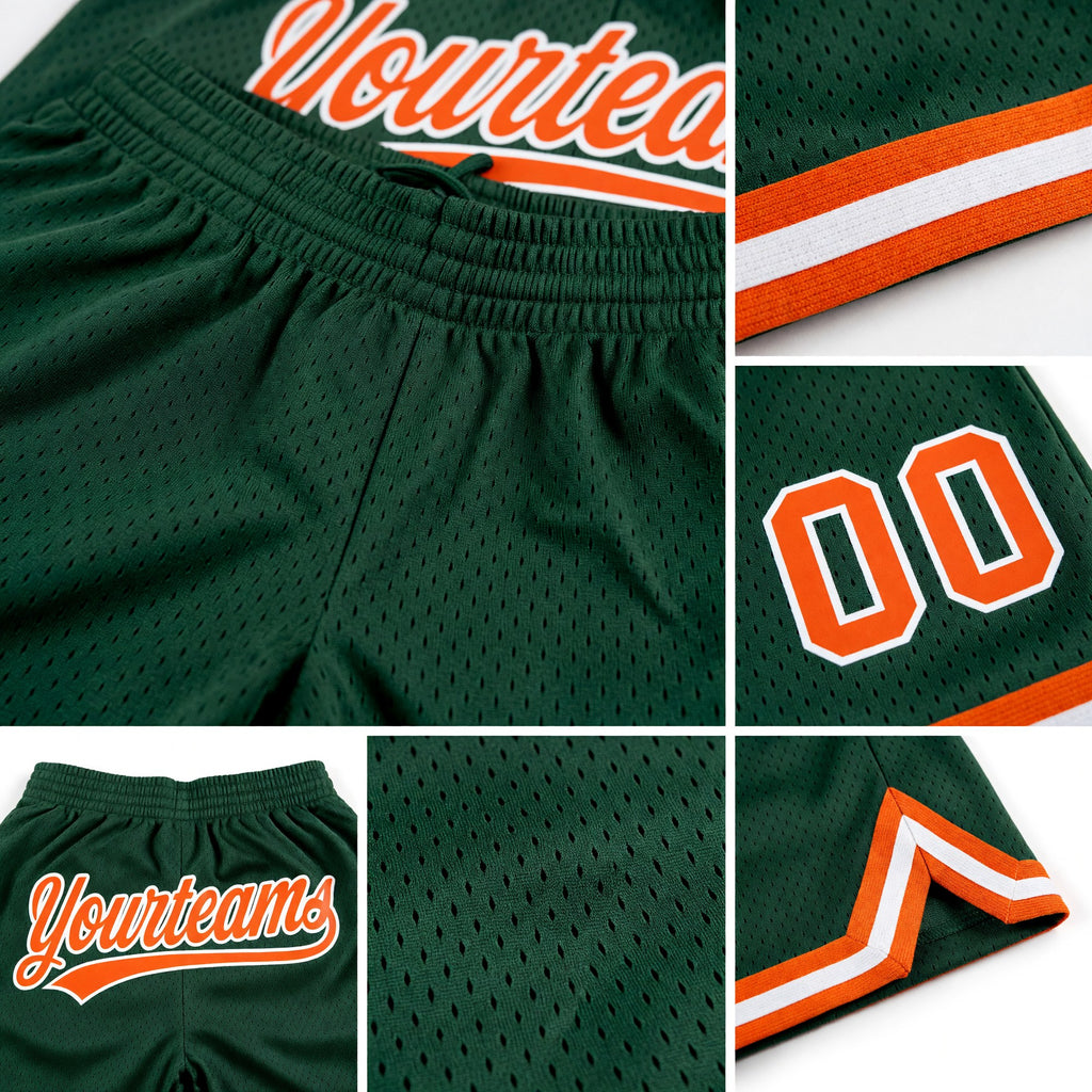 Custom Hunter Green Orange-White Authentic Throwback Basketball Shorts detail