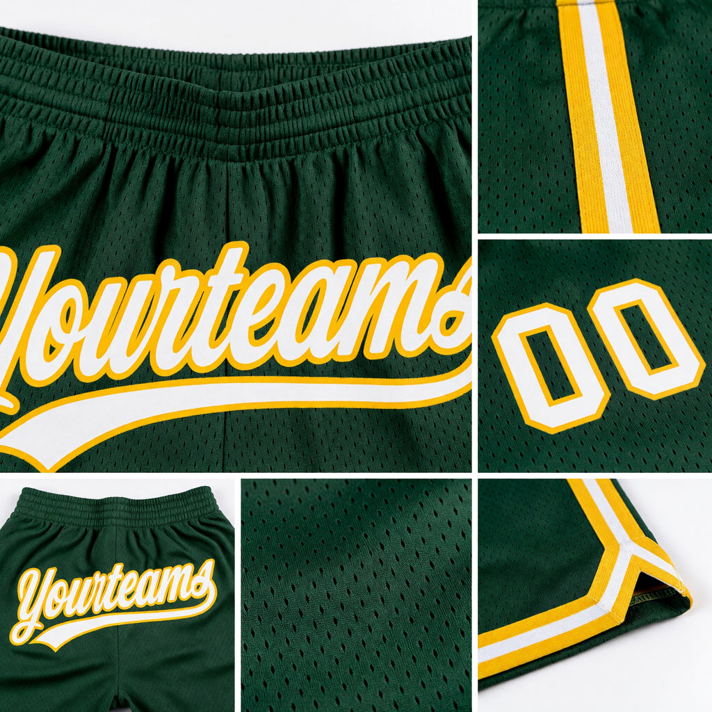 Custom Hunter Green White-Gold Authentic Throwback Basketball Shorts detail