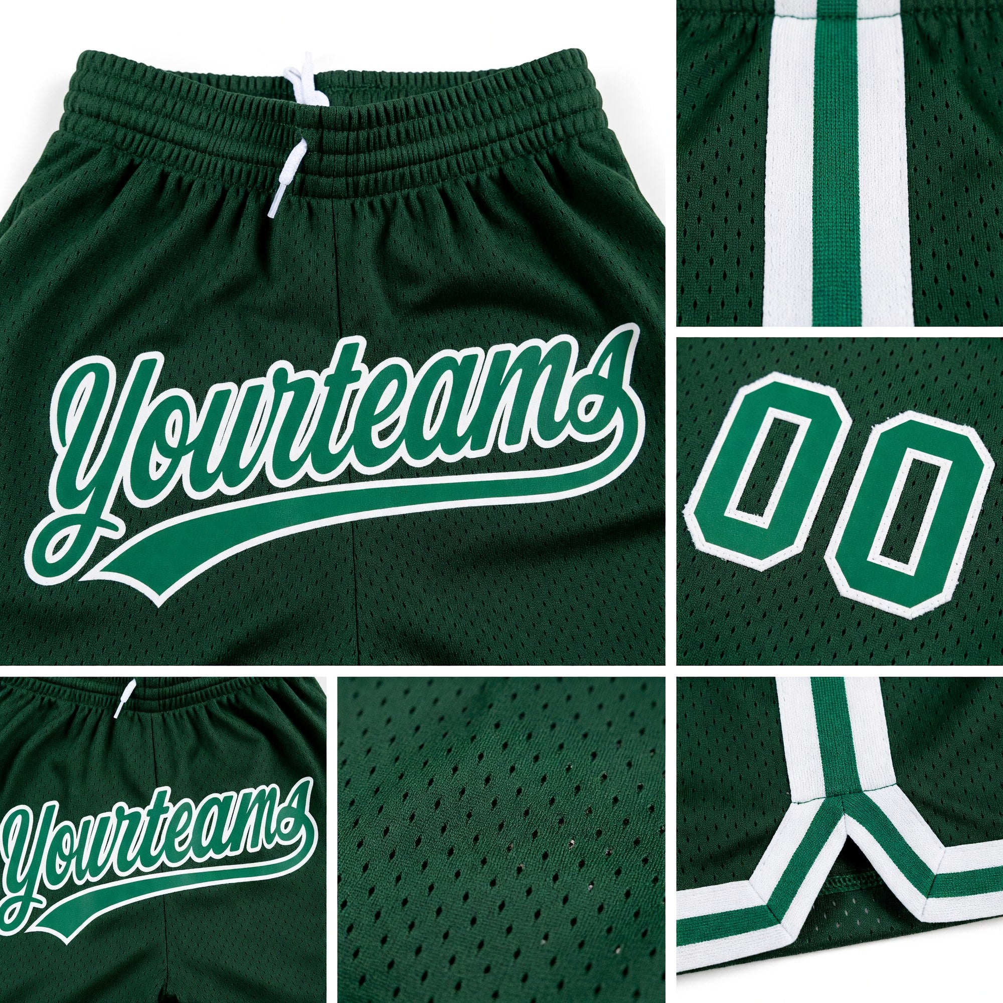 Custom Hunter Green Kelly Green-White Authentic Throwback Basketball Shorts detail
