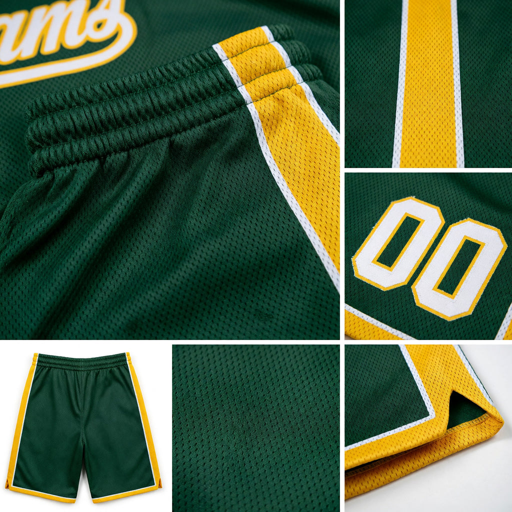 Custom Hunter Green White-Yellow Authentic Basketball Shorts detail
