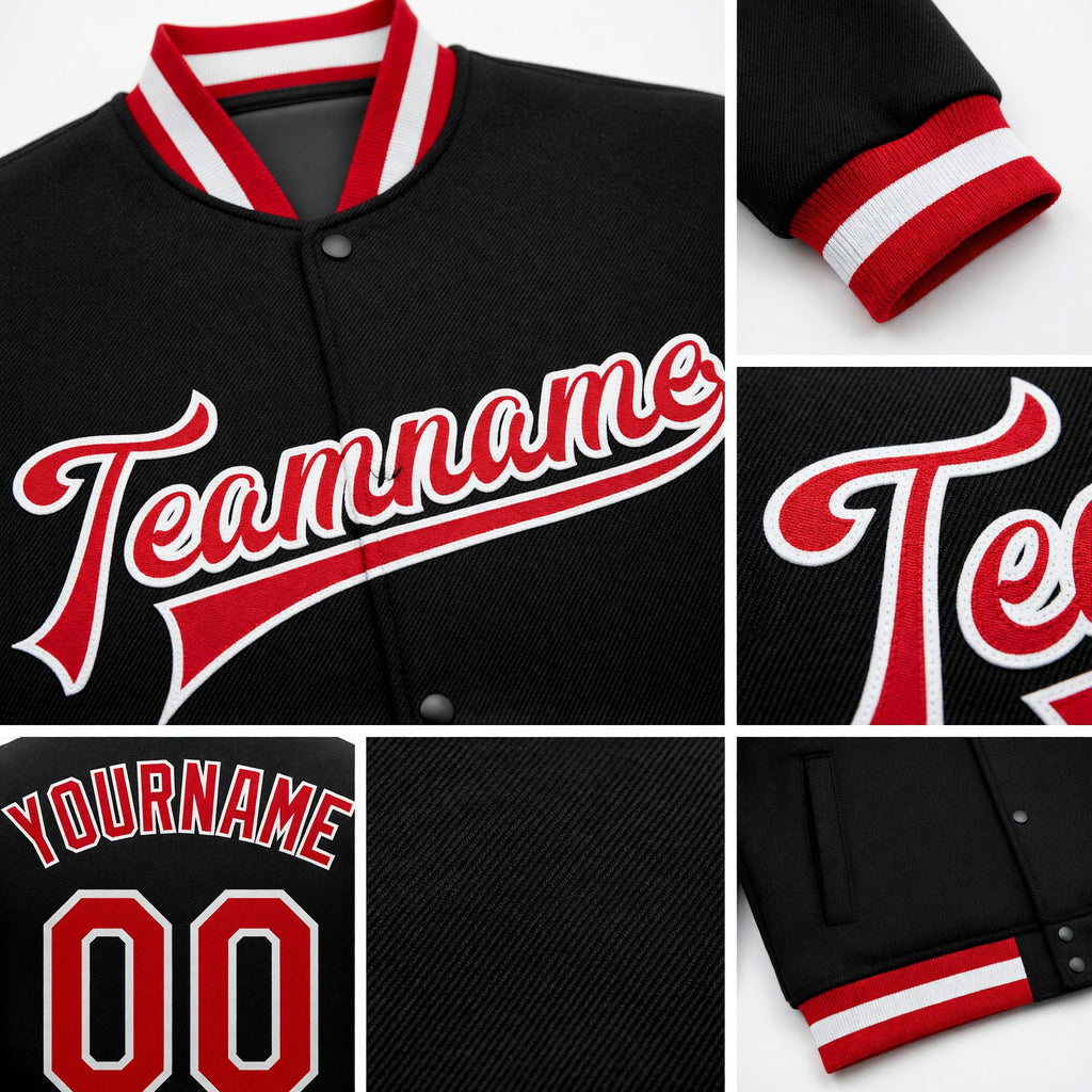 Custom Black Red-White Bomber Full-Snap Varsity Letterman Jacket detail