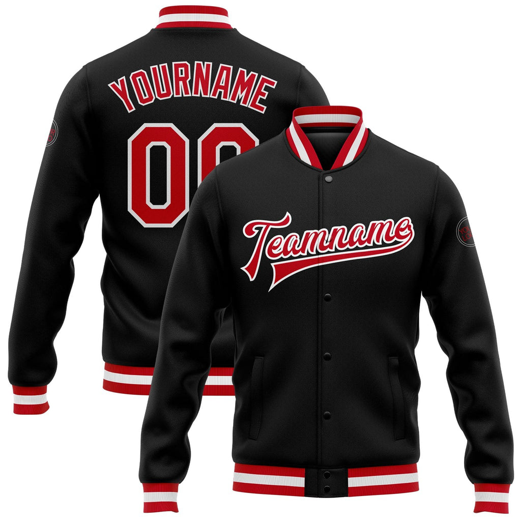 Custom Black Red-White Bomber Full-Snap Varsity Letterman Jacket photo 1