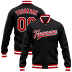 Custom Black Red-White Bomber Full-Snap Varsity Letterman Jacket photo 1