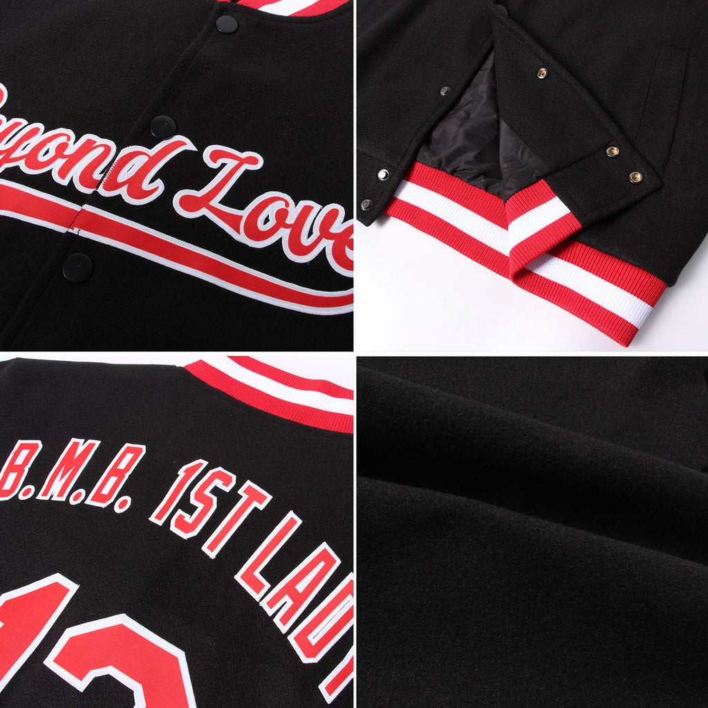 Custom Black Red-White Bomber Full-Snap Varsity Letterman Jacket photo 4
