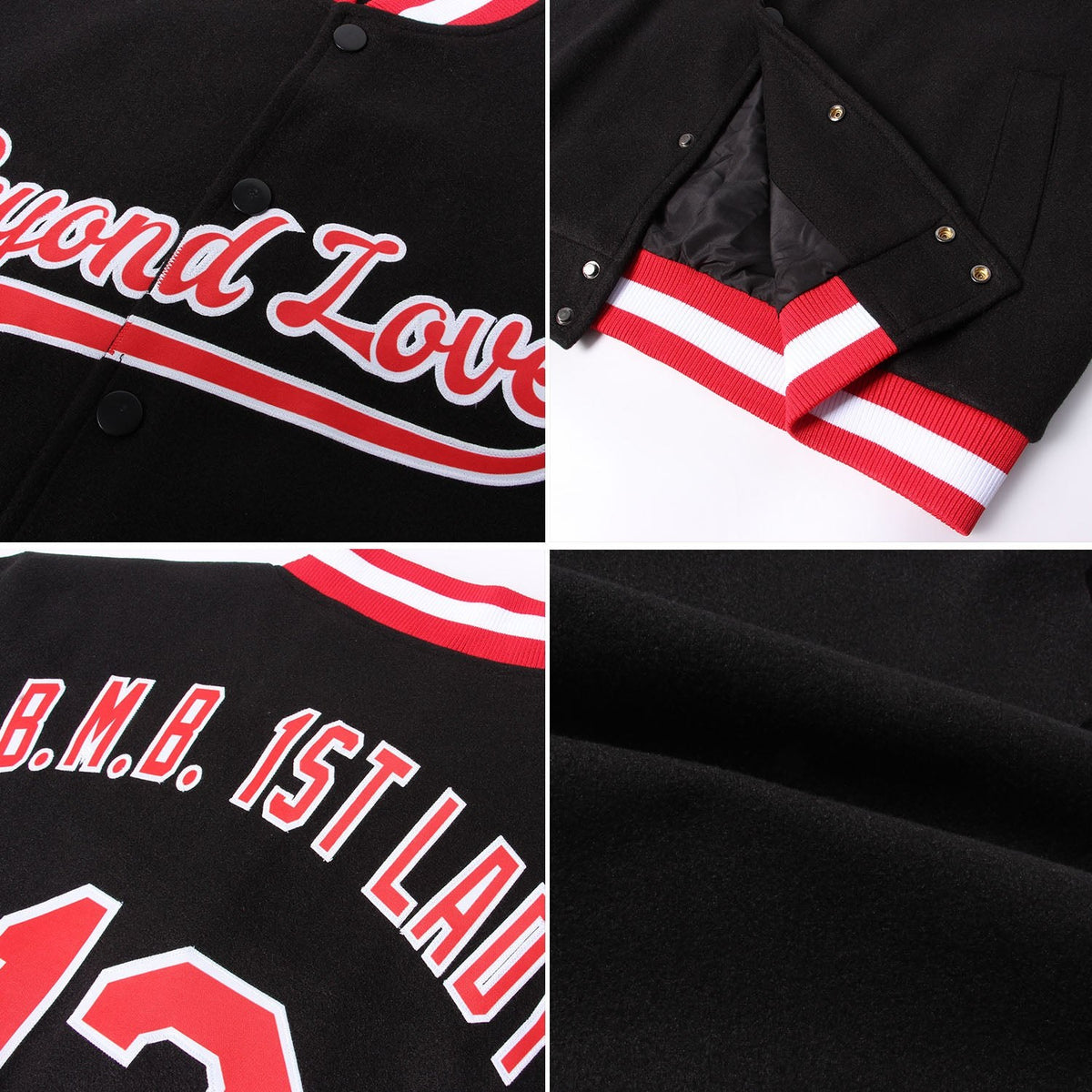Custom Black Red-White Bomber Full-Snap Varsity Letterman Jacket photo 4