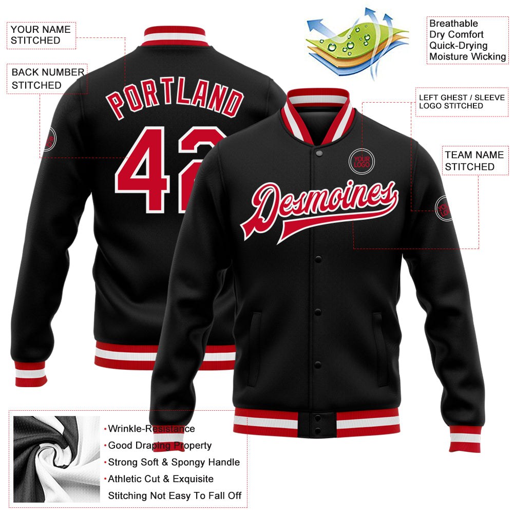 Custom Black Red-White Bomber Full-Snap Varsity Letterman Jacket photo 5