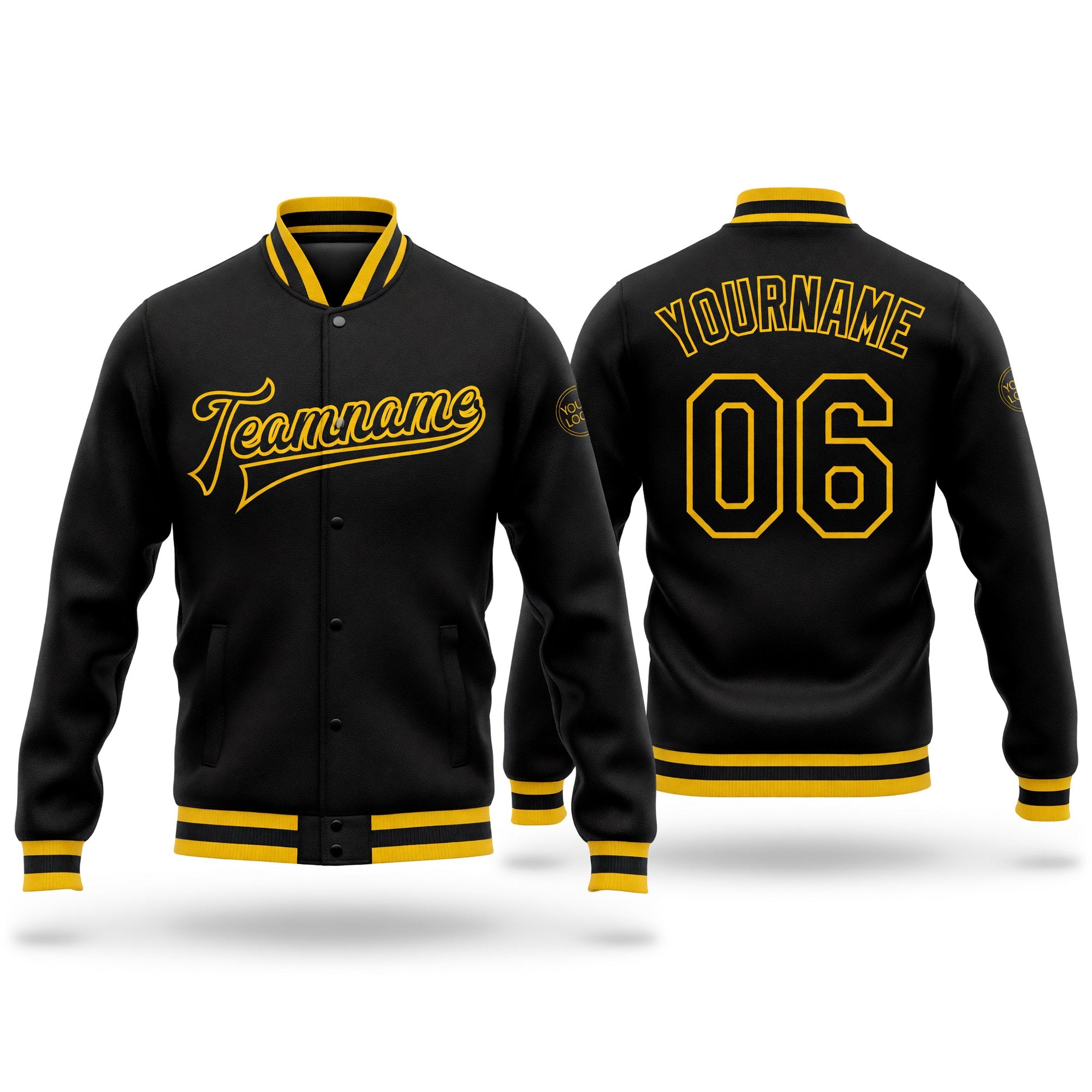 Custom Black Black-Gold Bomber Full-Snap Varsity Letterman Jacket