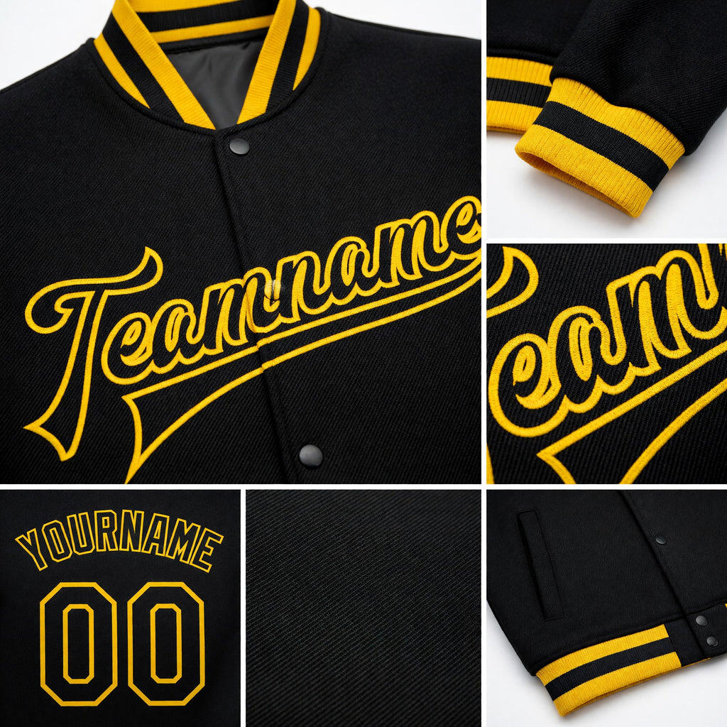 Custom Black Black-Gold Bomber Full-Snap Varsity Letterman Jacket detail