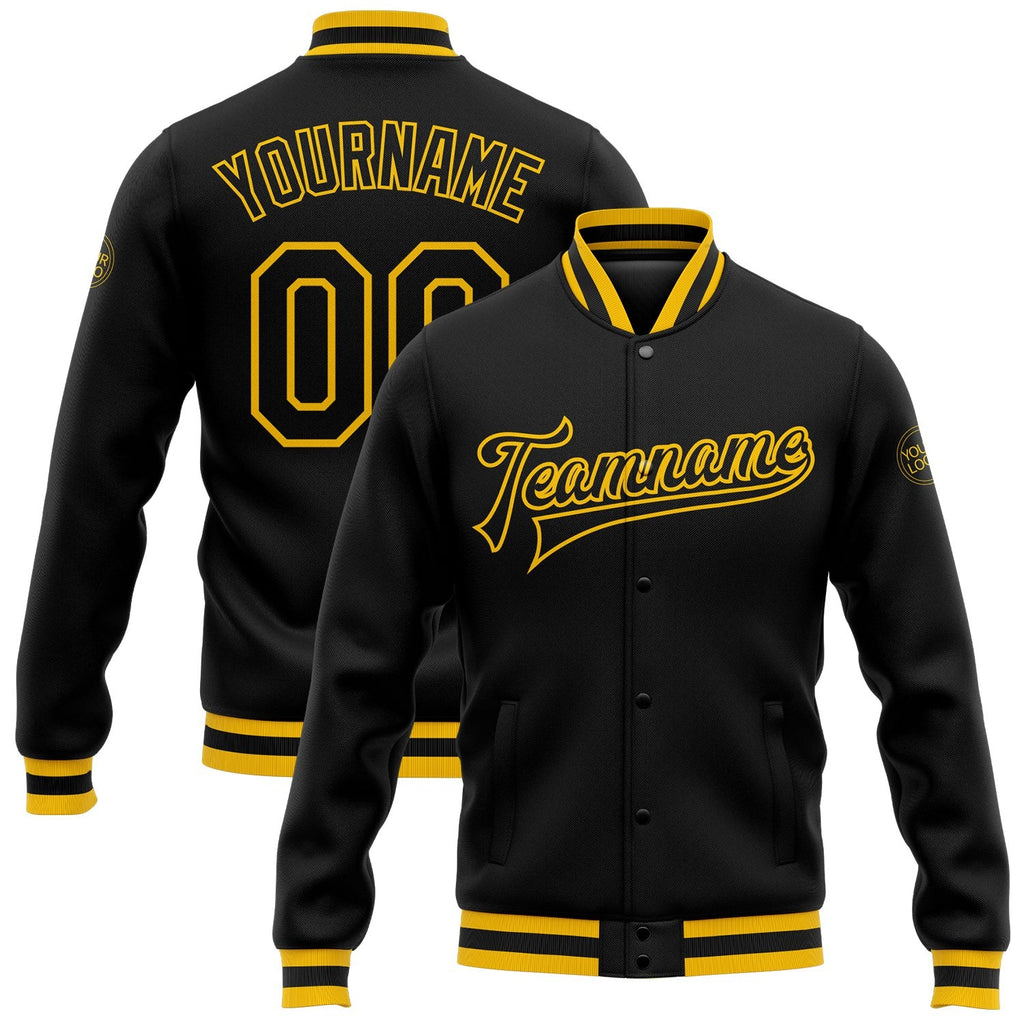 Custom Black Black-Gold Bomber Full-Snap Varsity Letterman Jacket photo 1