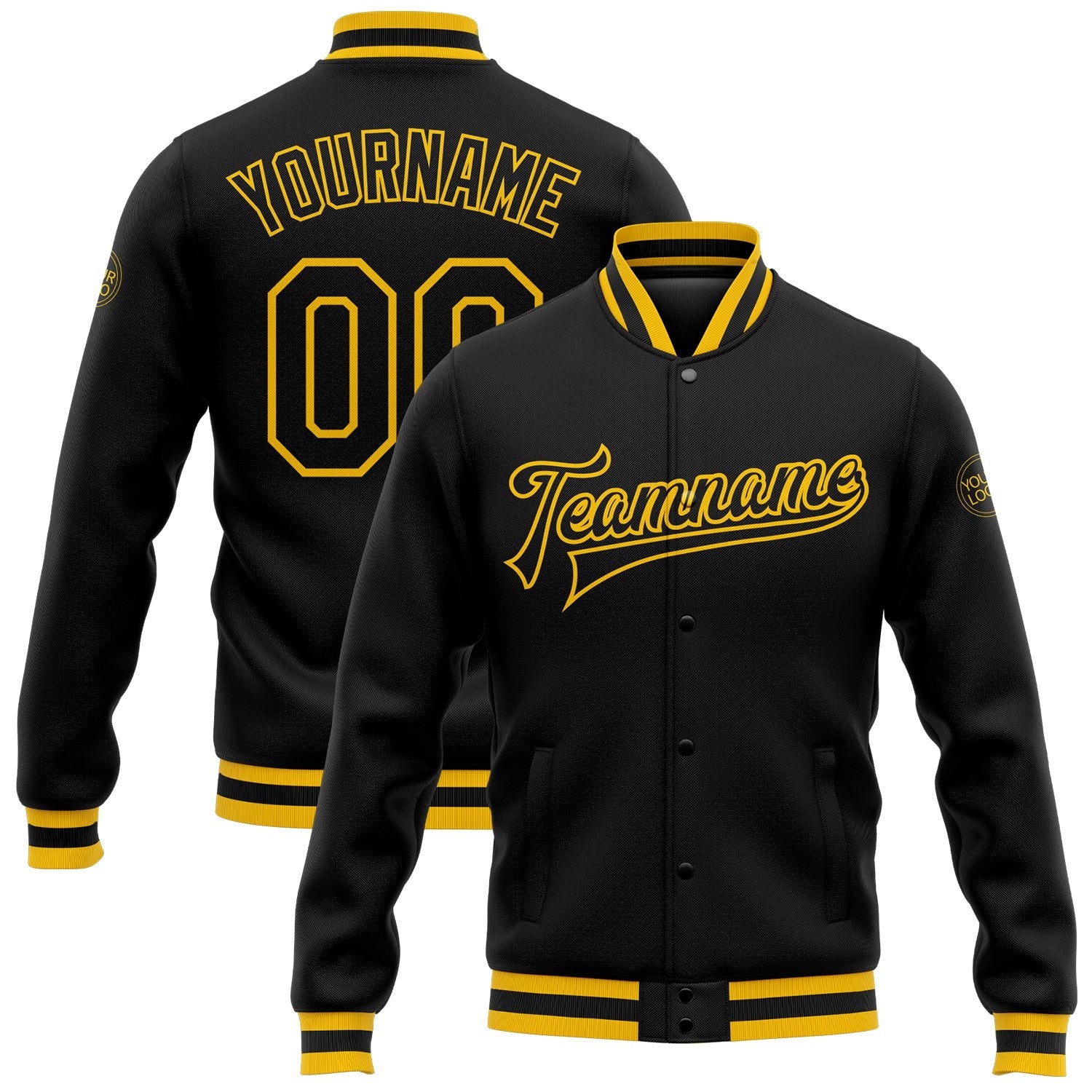 Custom Black Black-Gold Bomber Full-Snap Varsity Letterman Jacket photo 1