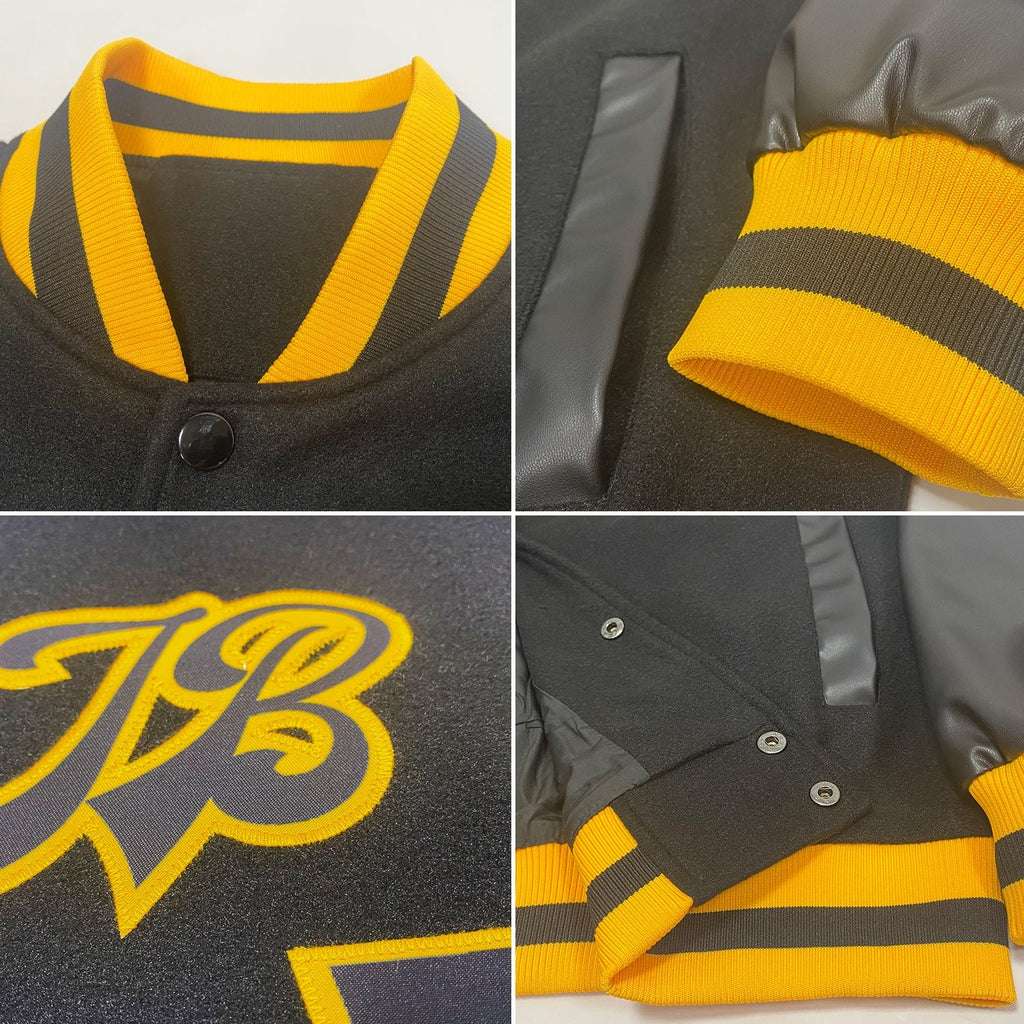 Custom Black Black-Gold Bomber Full-Snap Varsity Letterman Jacket photo 4