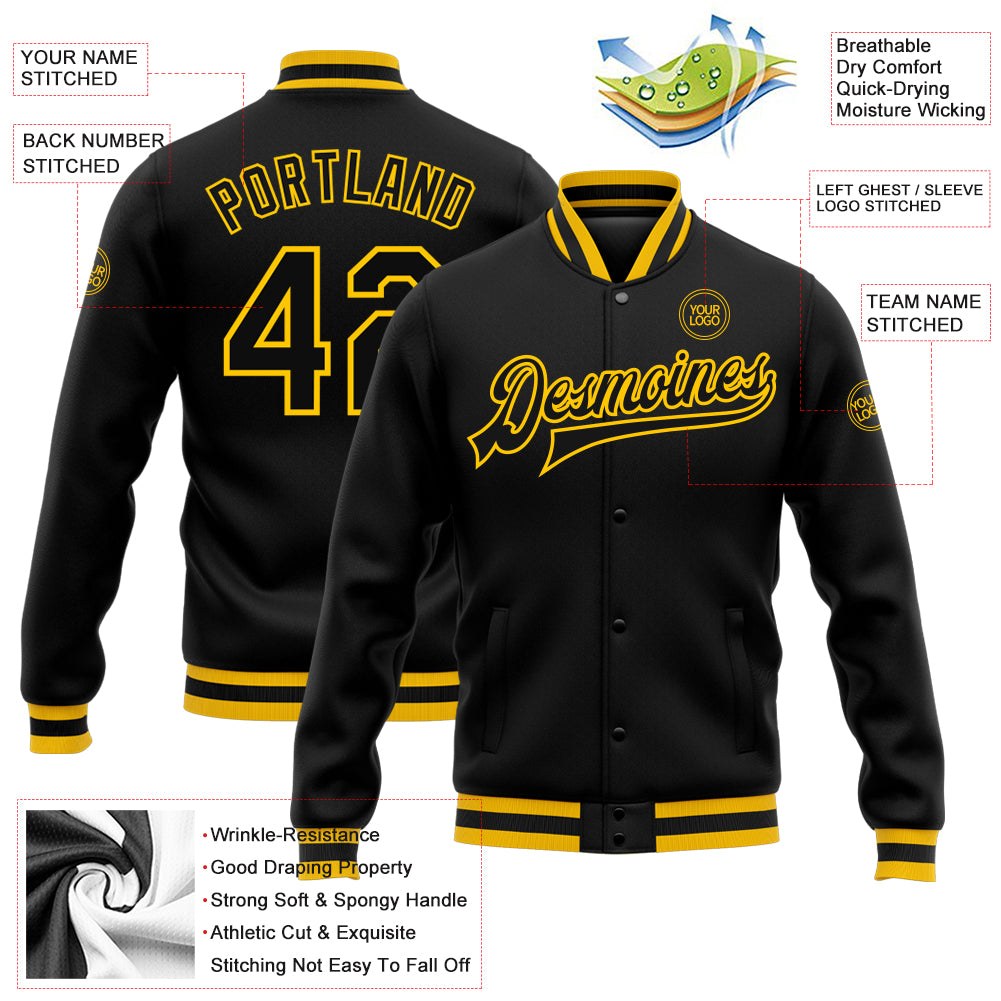 Custom Black Black-Gold Bomber Full-Snap Varsity Letterman Jacket photo 5