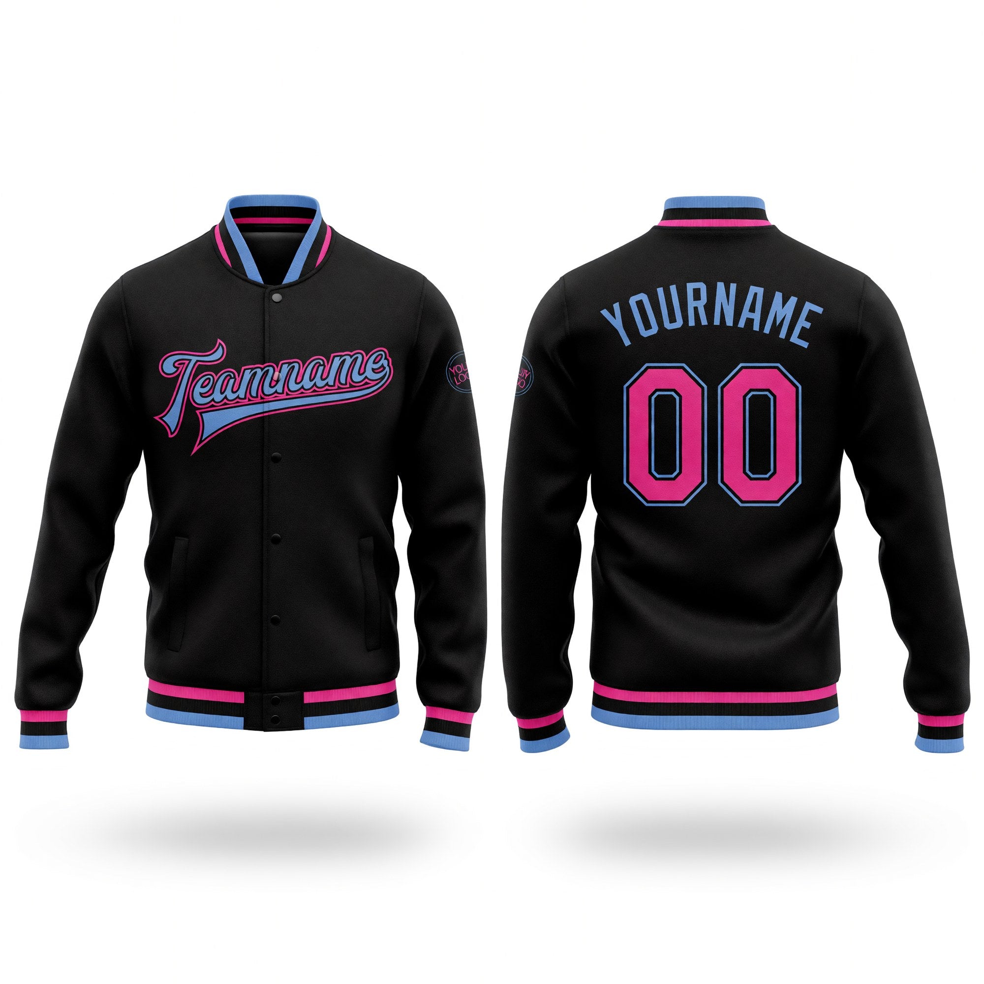 Custom Black Pink-Light Blue Bomber Full-Snap Varsity Letterman Jacket