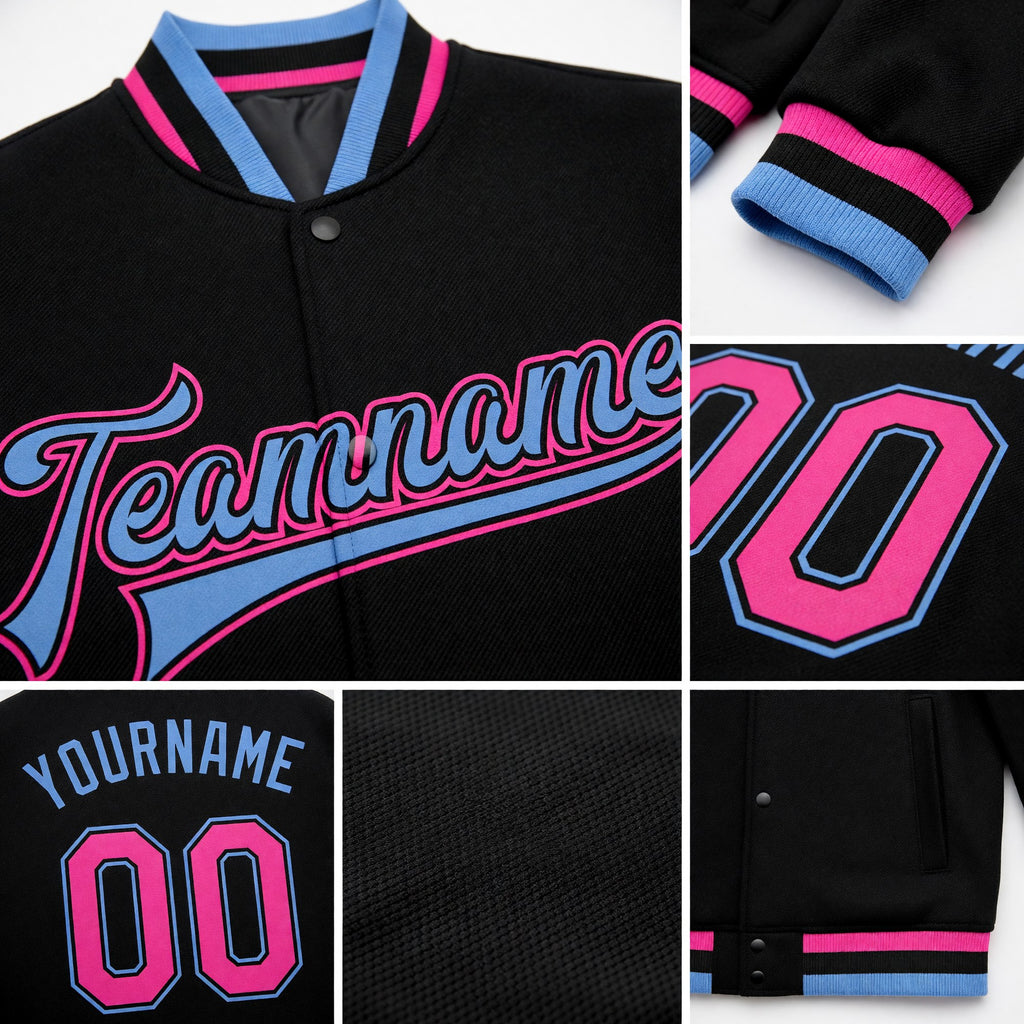 Custom Black Pink-Light Blue Bomber Full-Snap Varsity Letterman Jacket detail