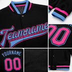 Custom Black Pink-Light Blue Bomber Full-Snap Varsity Letterman Jacket detail