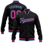 Custom Black Pink-Light Blue Bomber Full-Snap Varsity Letterman Jacket photo 1