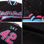 Custom Black Pink-Light Blue Bomber Full-Snap Varsity Letterman Jacket photo 4