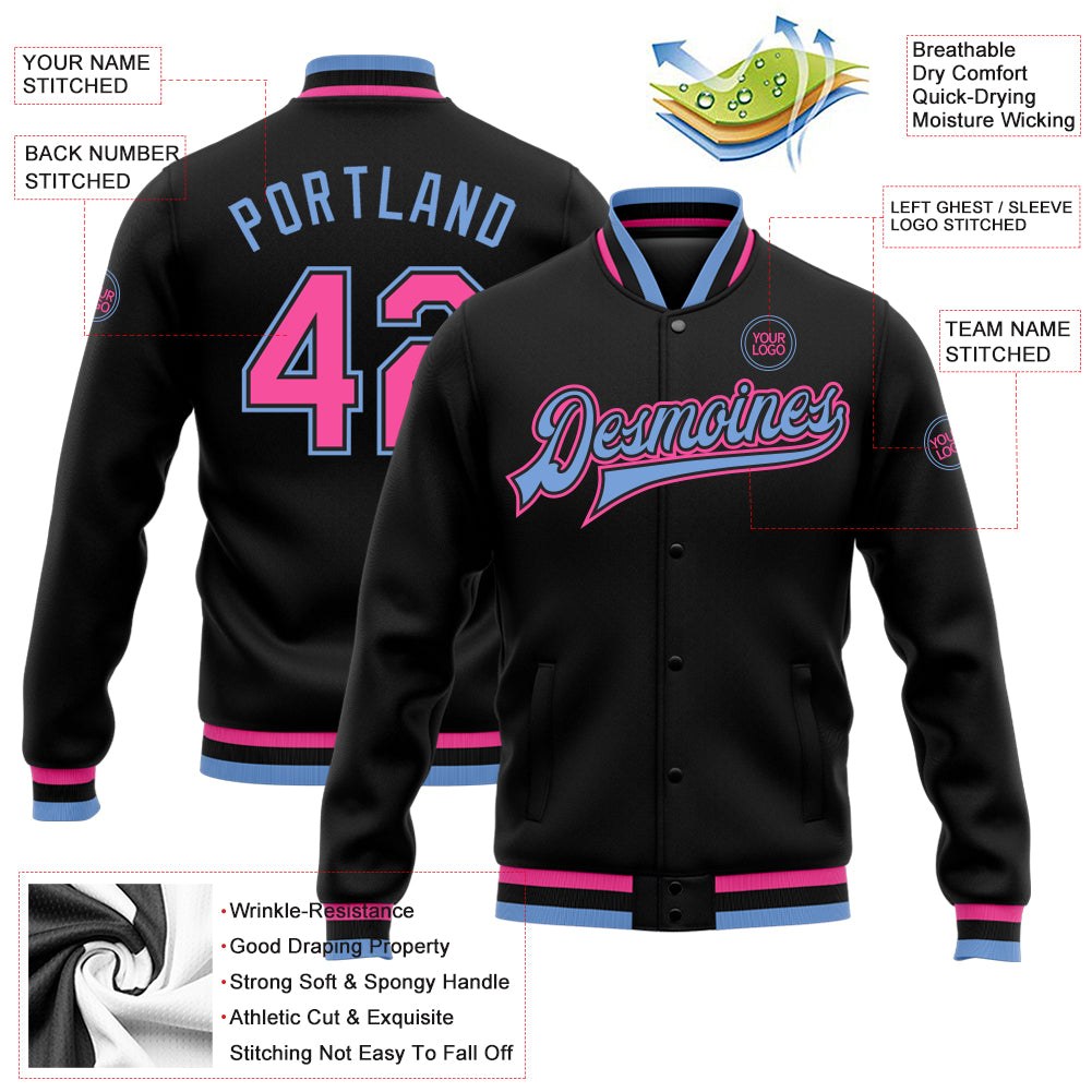 Custom Black Pink-Light Blue Bomber Full-Snap Varsity Letterman Jacket photo 5