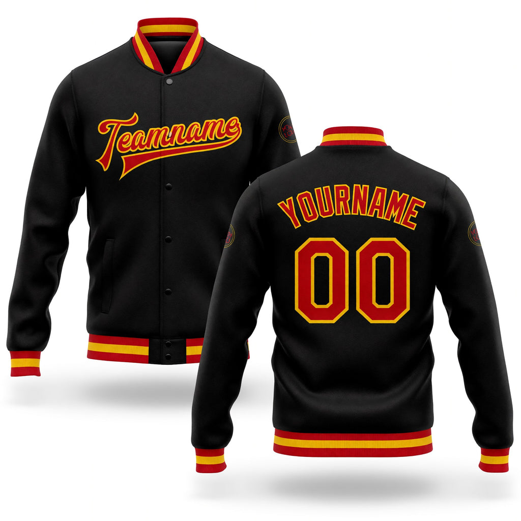Custom Black Red-Gold Bomber Full-Snap Varsity Letterman Jacket