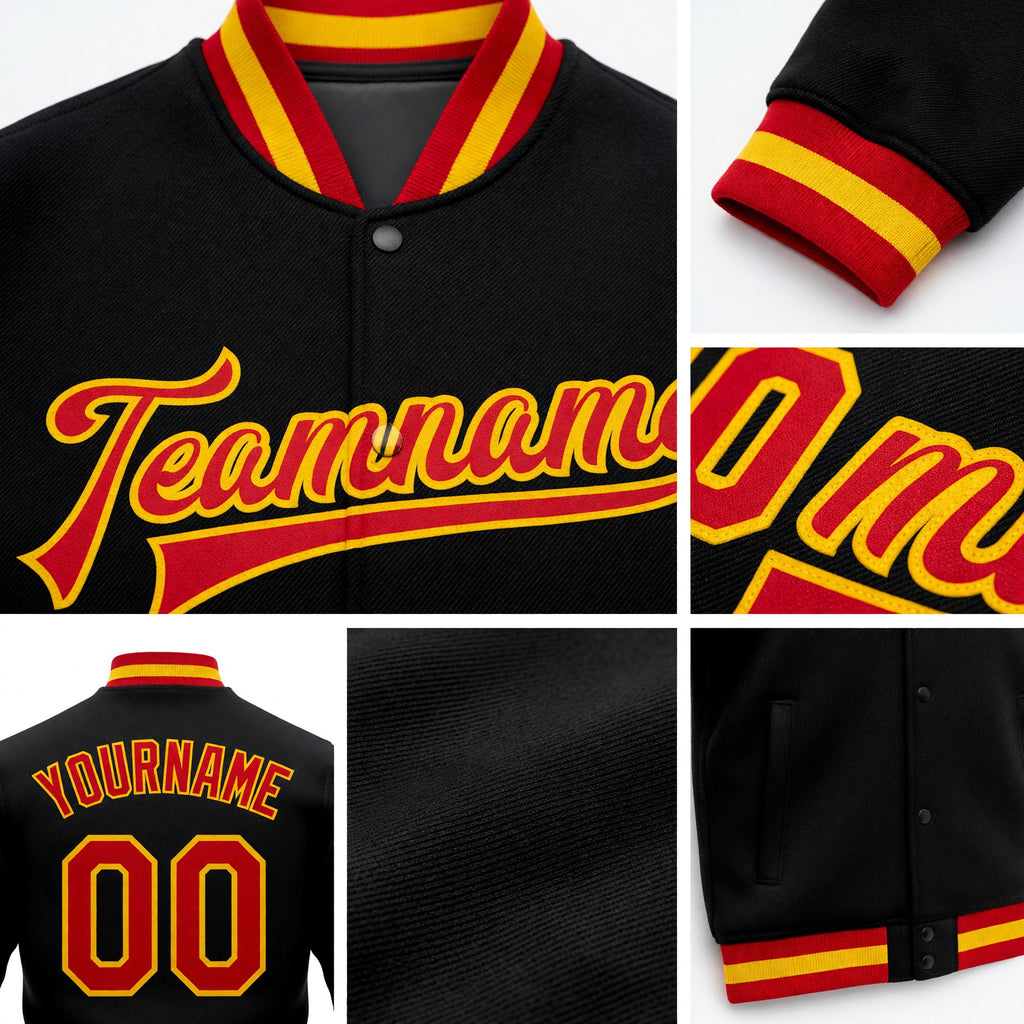Custom Black Red-Gold Bomber Full-Snap Varsity Letterman Jacket detail