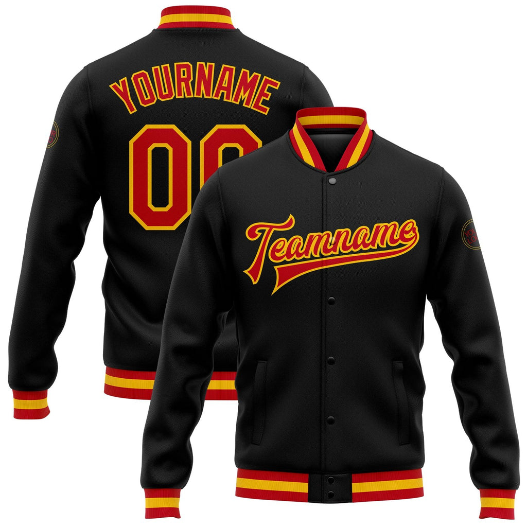 Custom Black Red-Gold Bomber Full-Snap Varsity Letterman Jacket photo 1