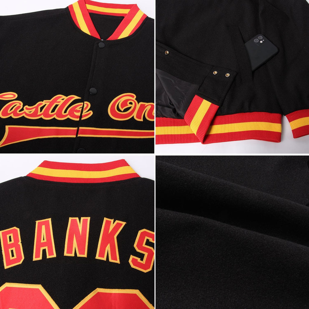 Custom Black Red-Gold Bomber Full-Snap Varsity Letterman Jacket photo 4