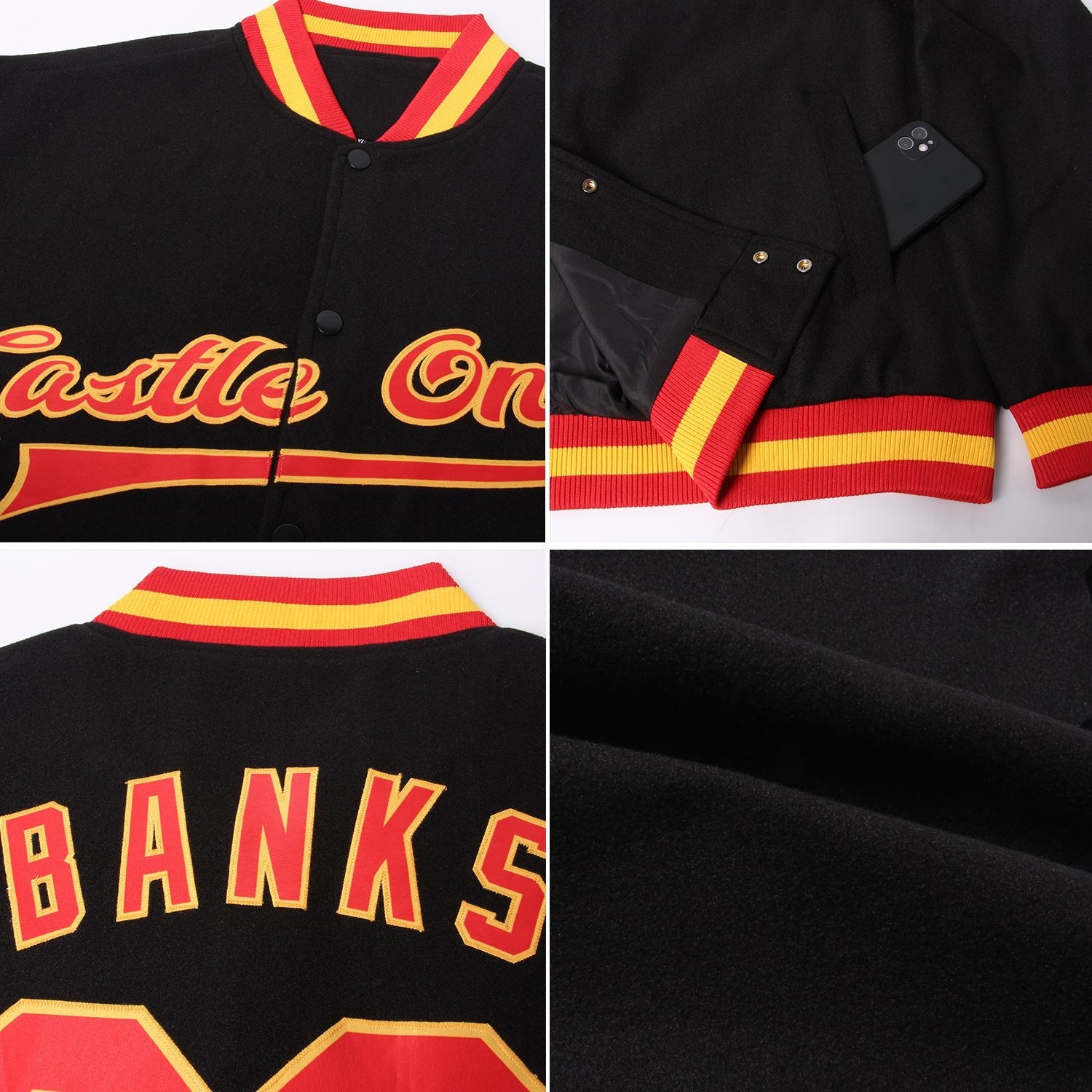 Custom Black Red-Gold Bomber Full-Snap Varsity Letterman Jacket photo 4