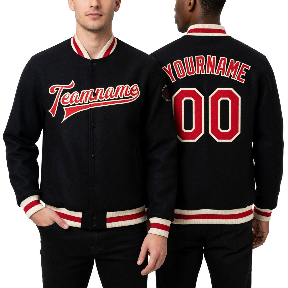 Custom Black Red-Cream Bomber Full-Snap Varsity Letterman Jacket worn front and back