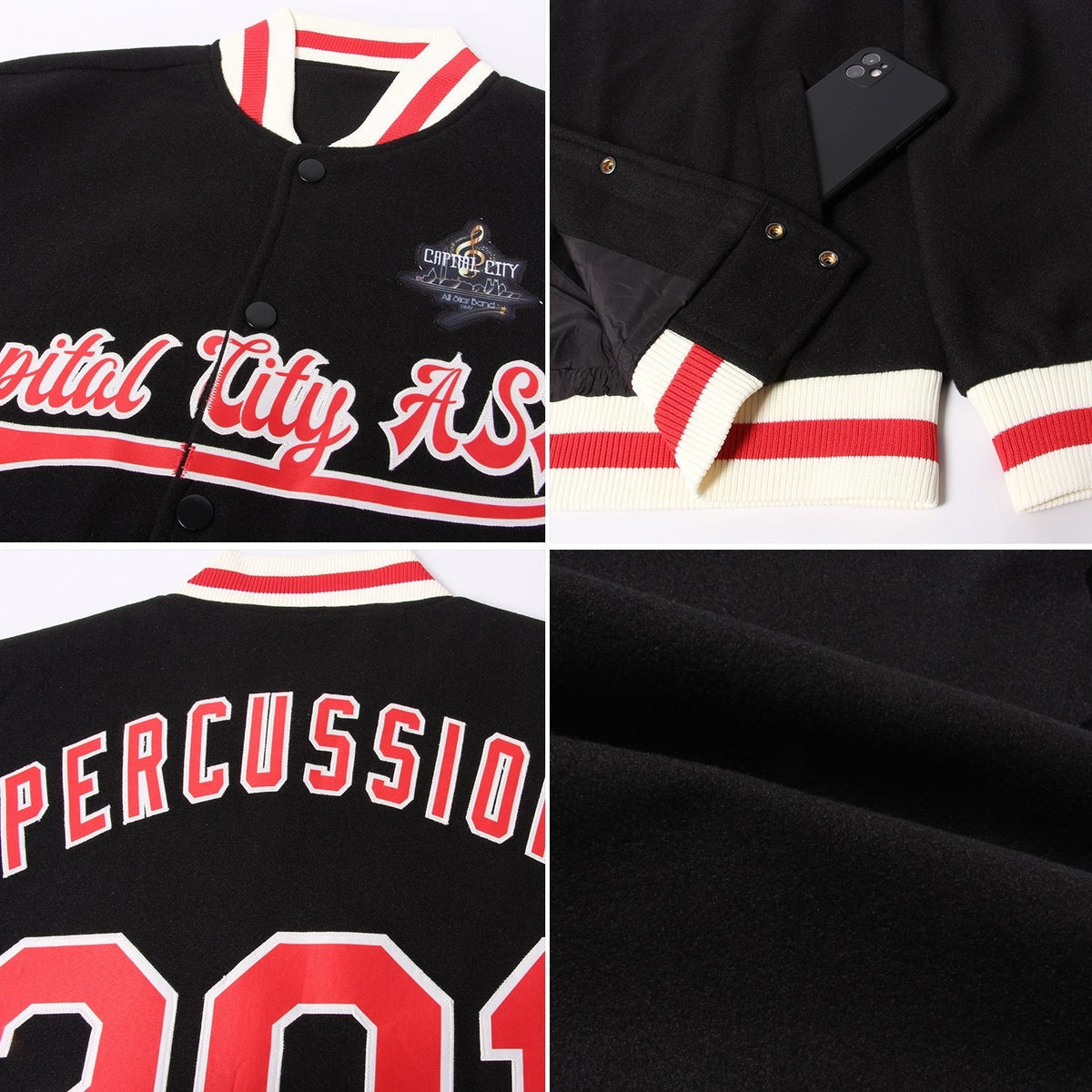 Custom Black Red-Cream Bomber Full-Snap Varsity Letterman Jacket photo 4