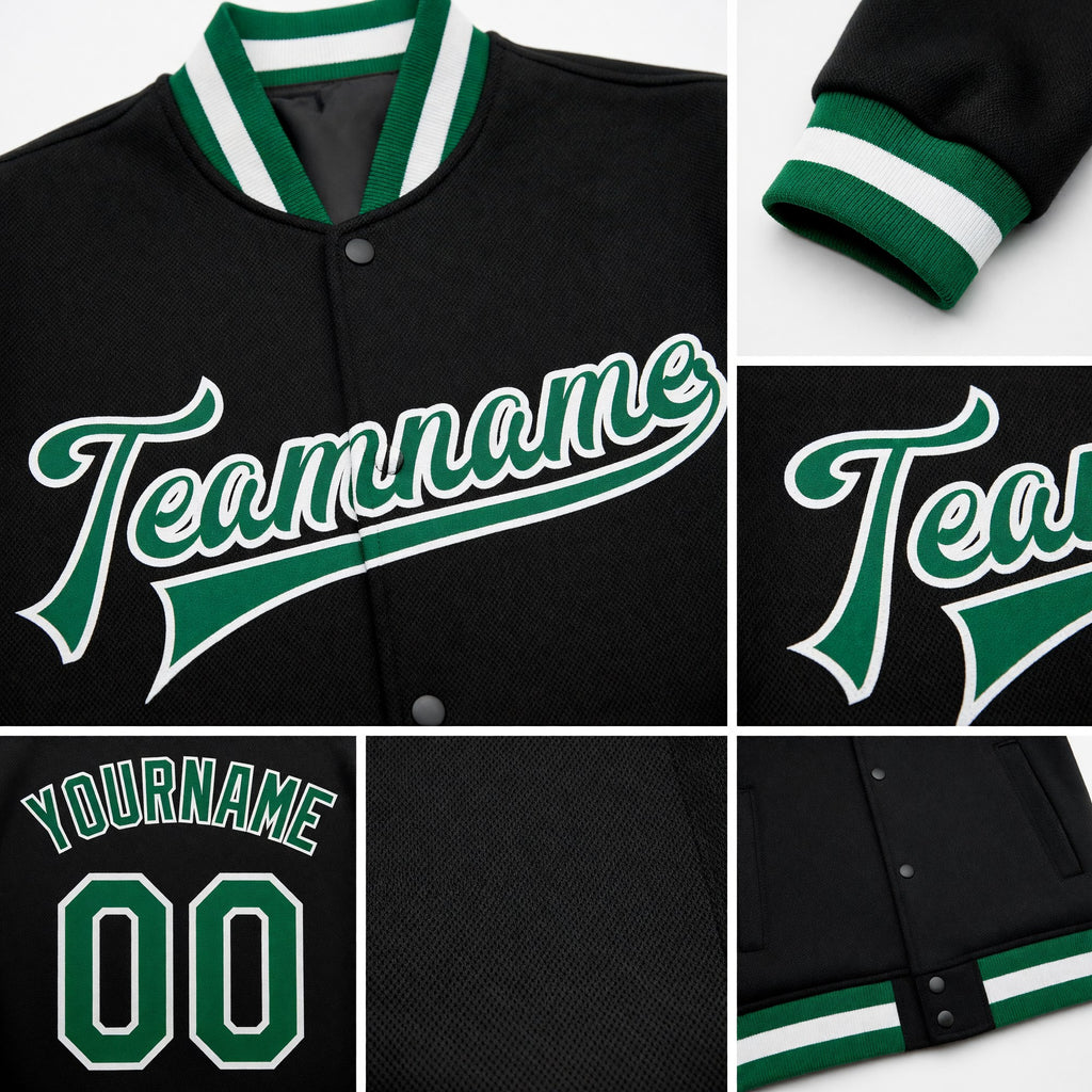 Custom Black Kelly Green-White Bomber Full-Snap Varsity Letterman Jacket detail