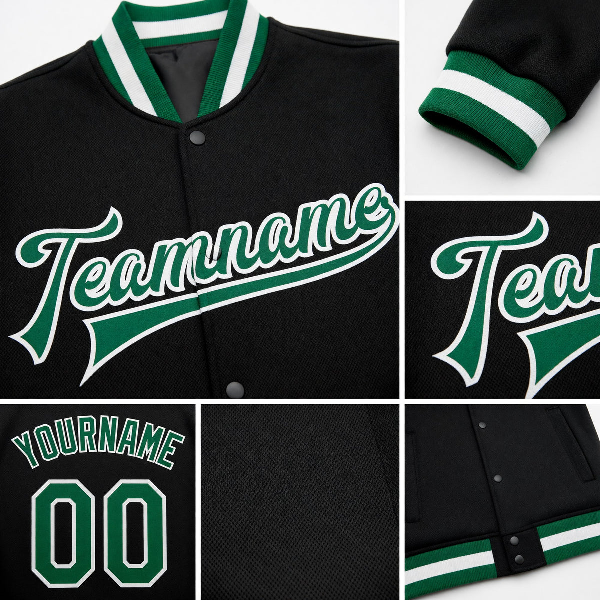 Custom Black Kelly Green-White Bomber Full-Snap Varsity Letterman Jacket detail