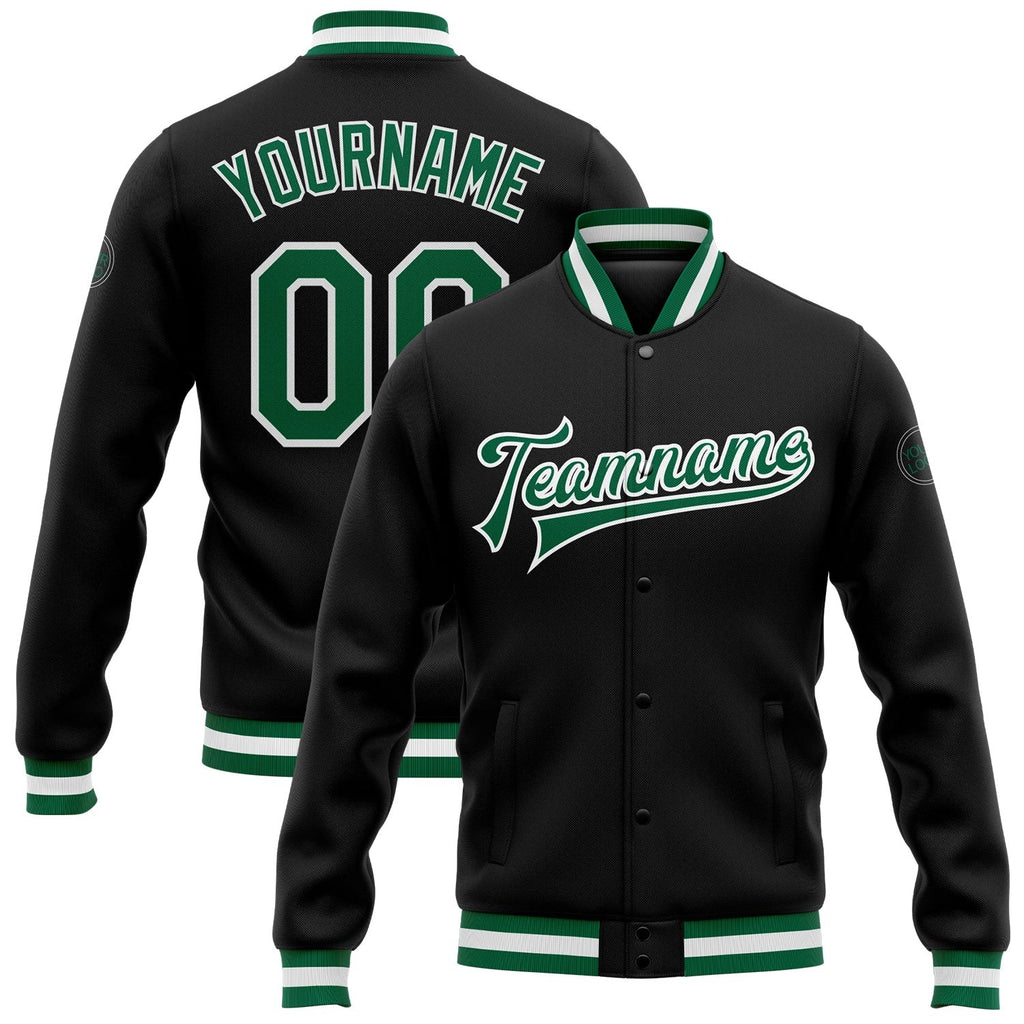 Custom Black Kelly Green-White Bomber Full-Snap Varsity Letterman Jacket photo 1