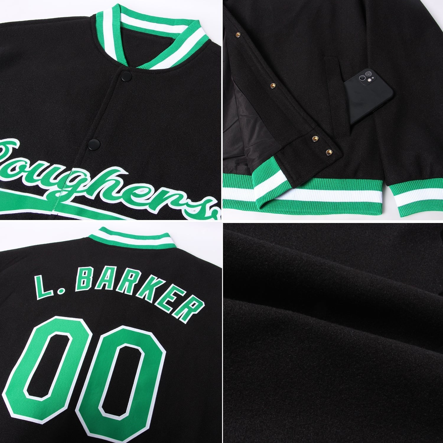 Custom Black Kelly Green-White Bomber Full-Snap Varsity Letterman Jacket photo 4