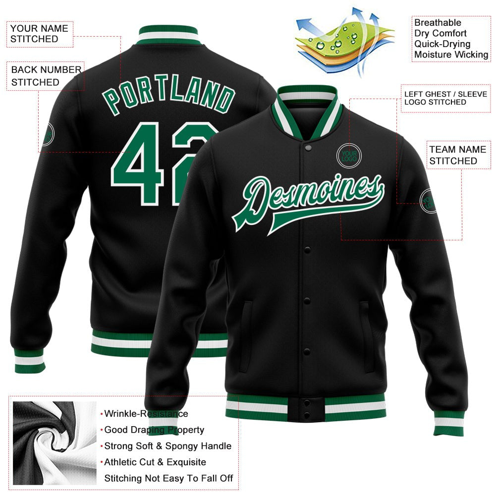 Custom Black Kelly Green-White Bomber Full-Snap Varsity Letterman Jacket photo 5