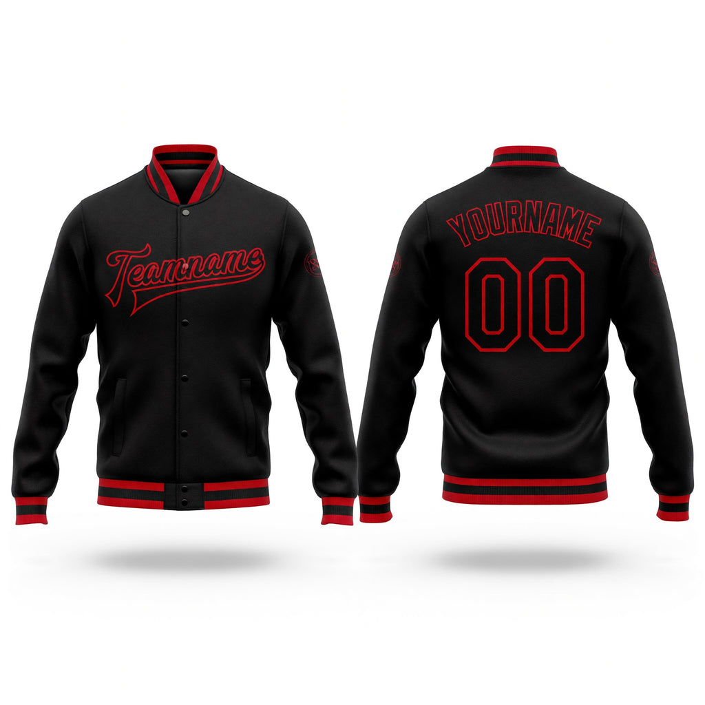 Custom Black Black-Red Bomber Full-Snap Varsity Letterman Jacket