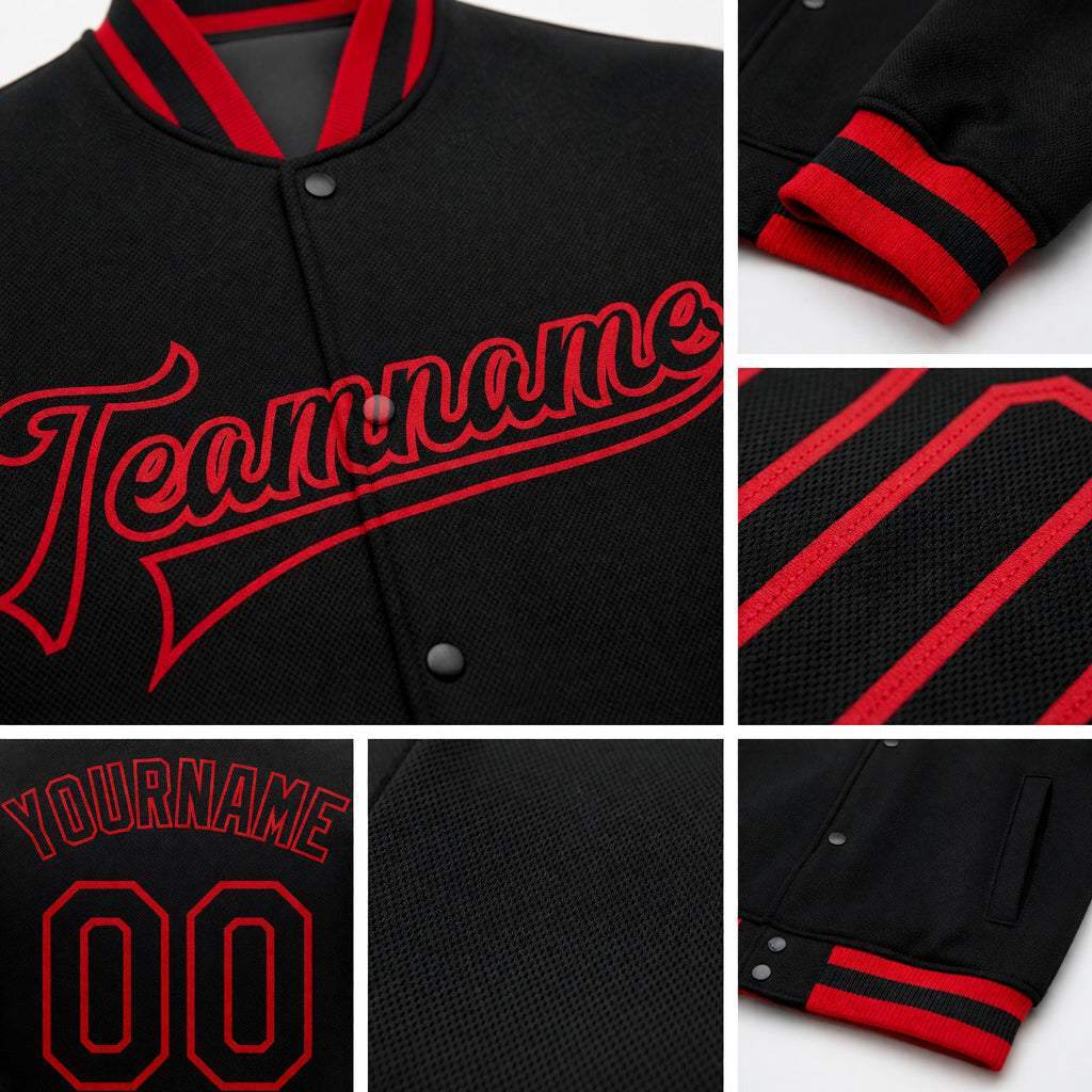 Custom Black Black-Red Bomber Full-Snap Varsity Letterman Jacket detail