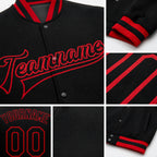 Custom Black Black-Red Bomber Full-Snap Varsity Letterman Jacket detail