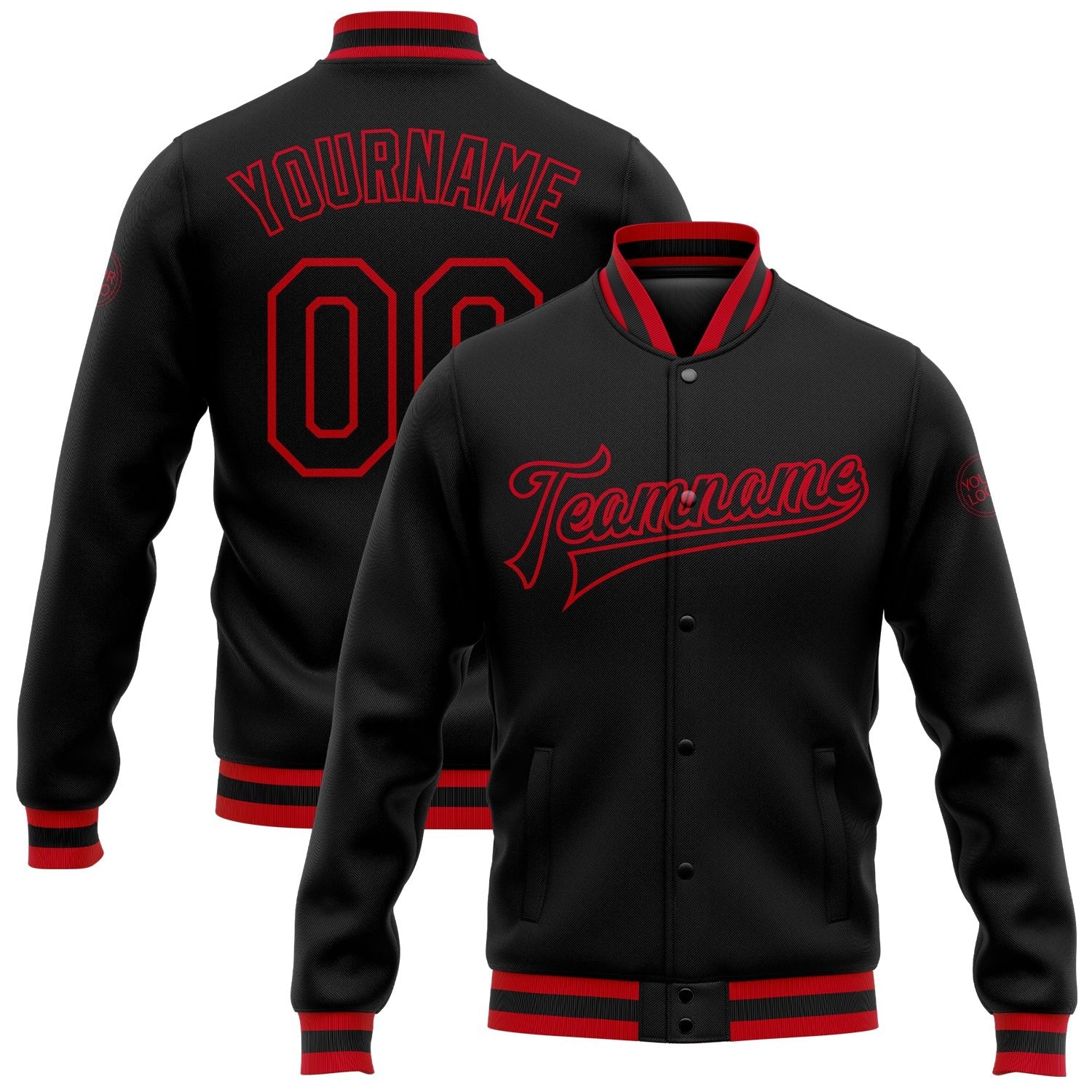 Custom Black Black-Red Bomber Full-Snap Varsity Letterman Jacket photo 1
