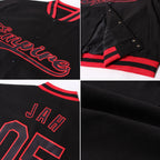 Custom Black Black-Red Bomber Full-Snap Varsity Letterman Jacket photo 4