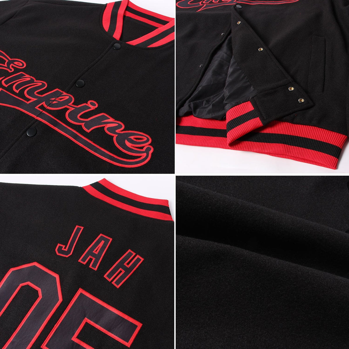 Custom Black Black-Red Bomber Full-Snap Varsity Letterman Jacket photo 4