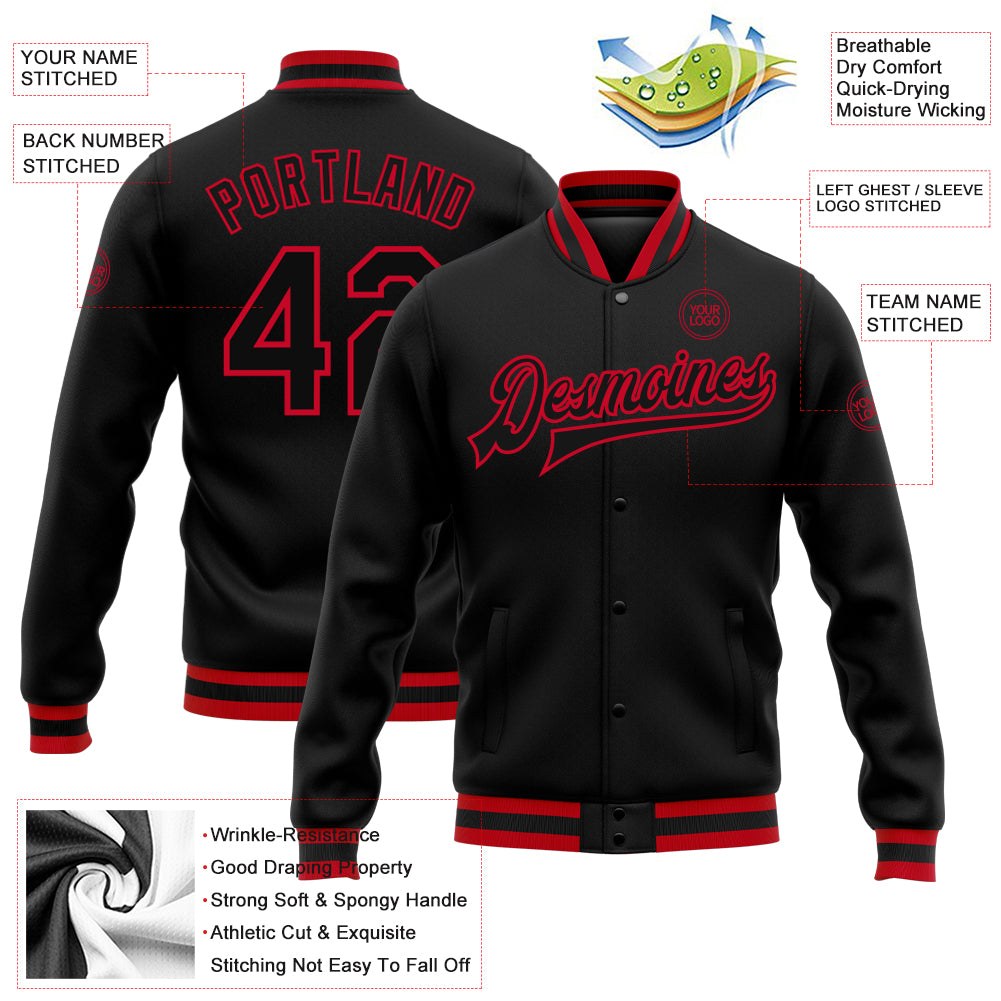 Custom Black Black-Red Bomber Full-Snap Varsity Letterman Jacket photo 5
